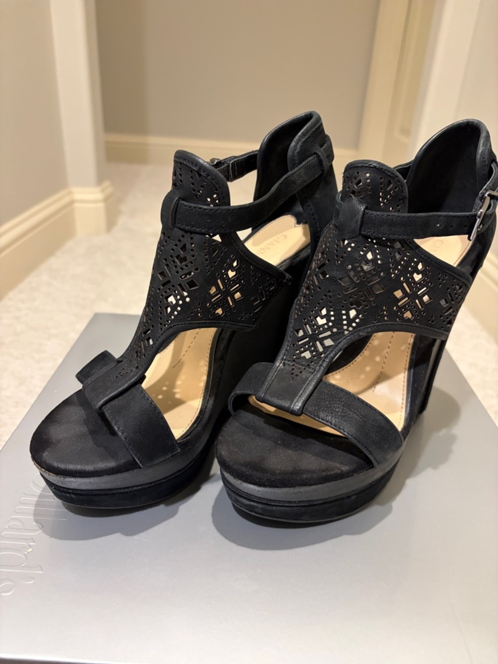 Gianni Bini Black Laser-Cut T-Strap Platform Heels